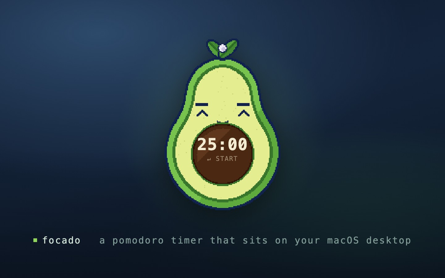 Pixel avocado timer with a 25:00 countdown and a start prompt in its pit