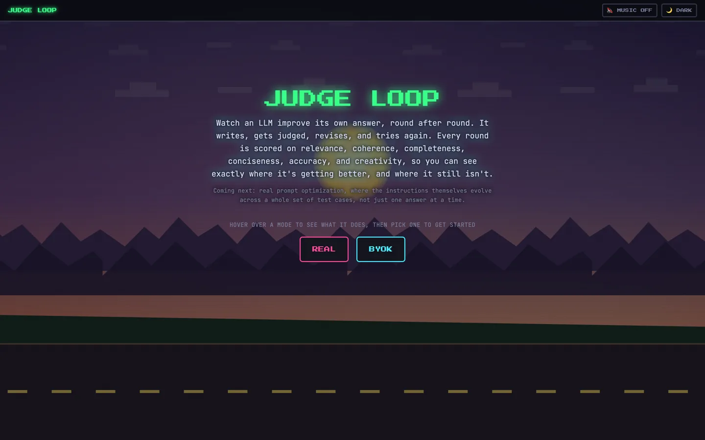 Judge Loop mode picker over a pixel art highway at dusk