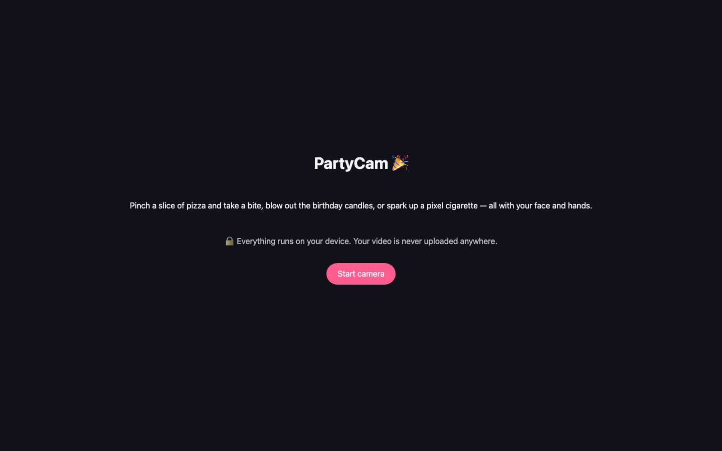 PartyCam start screen listing face and hand gestures above the camera button