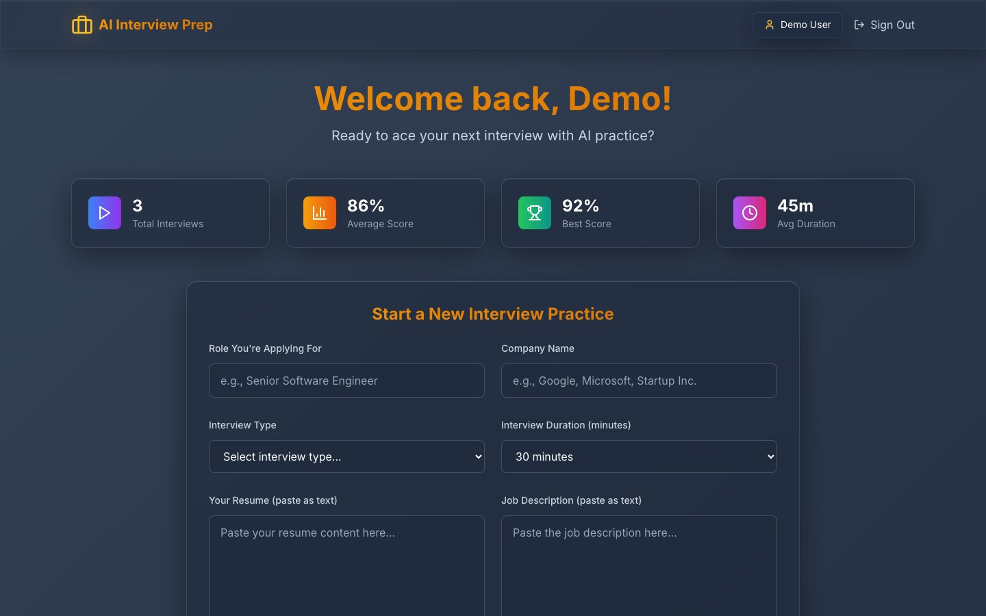 Prepify dashboard showing previous interview scores and a form to start a practice session